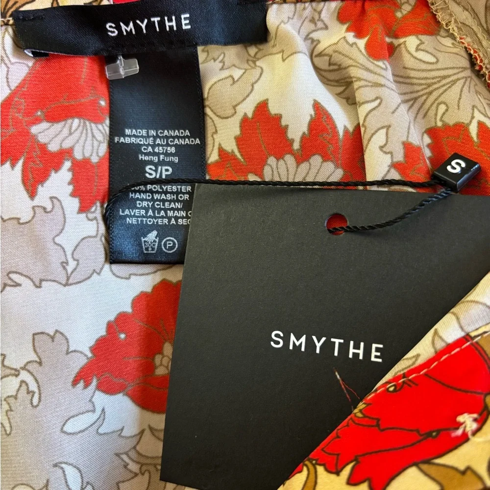 SMYTHE Poppy Print Shirred Pocket Blouse in Red and Tan - Picture 4 of 9